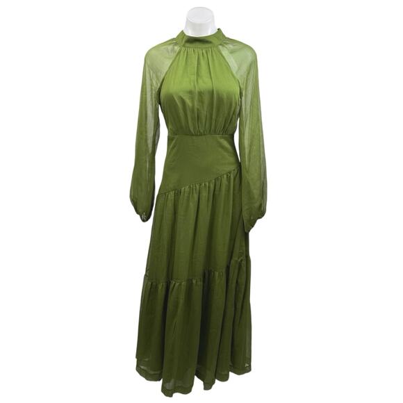 NEW Petal & Pup Julip Green Long Puff Sleeve Mock Neck Mesh Tiered Maxi Dress XS - Picture 2 of 6